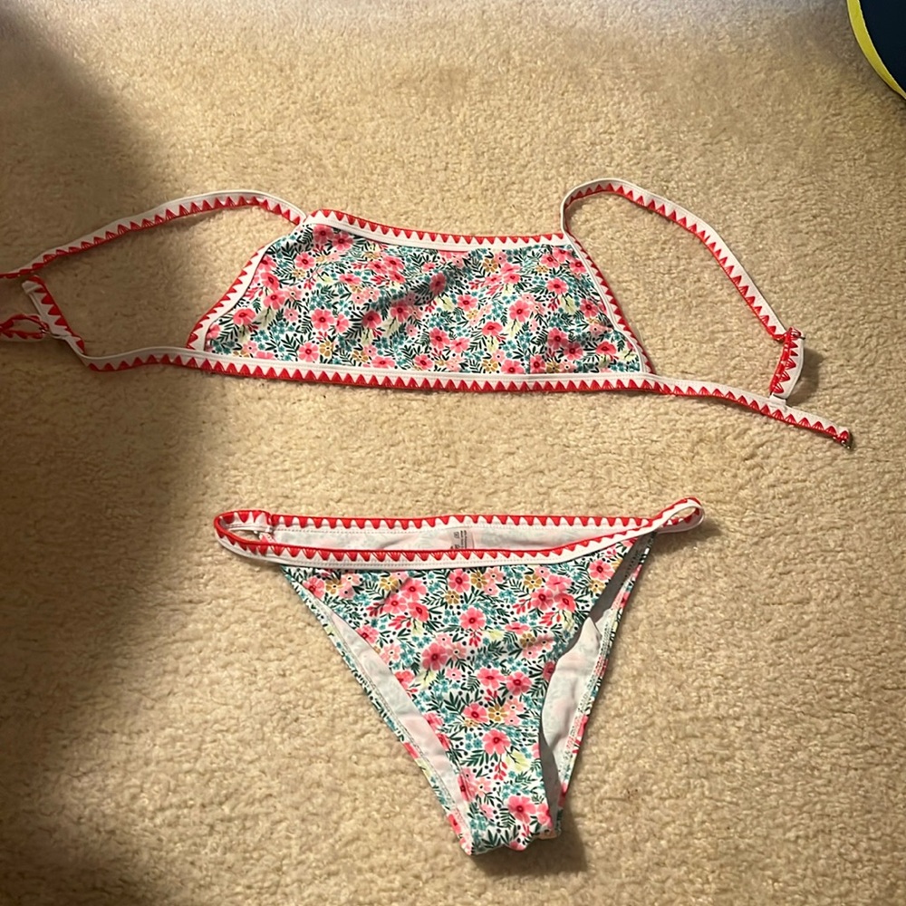 Pink & Green Floral print 2 piece bathing suit